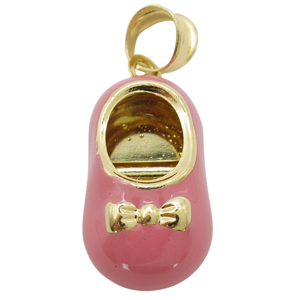 18K Gold Pink Enamel Baby Shoe Pendant Charm