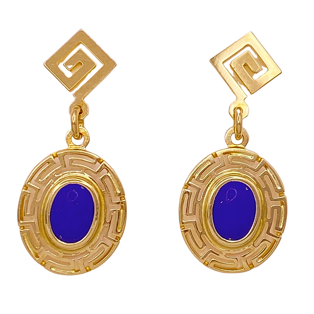 Lapis Lazuli Dangle Earrings 18K Gold Greek Key Detail