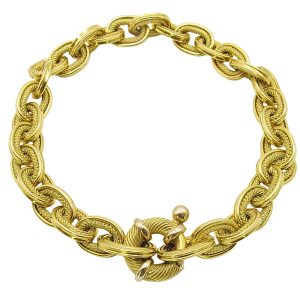 18K gold Chunky Textured Cable Link Braceleted With Circular Decorative Spring Clasp Over View