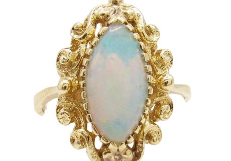 14K Intricate Gold Deign Surrounding Marquise Cut Opal Front View