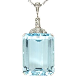 36ct Emerald Cut Aquamarine Art Deco Necklace 14K White Gold