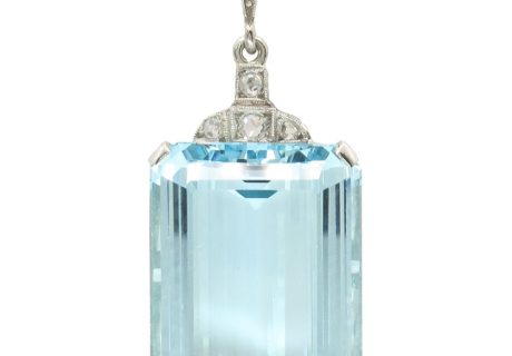 36ct Emerald Cut Aquamarine Art Deco Necklace 14K White Gold
