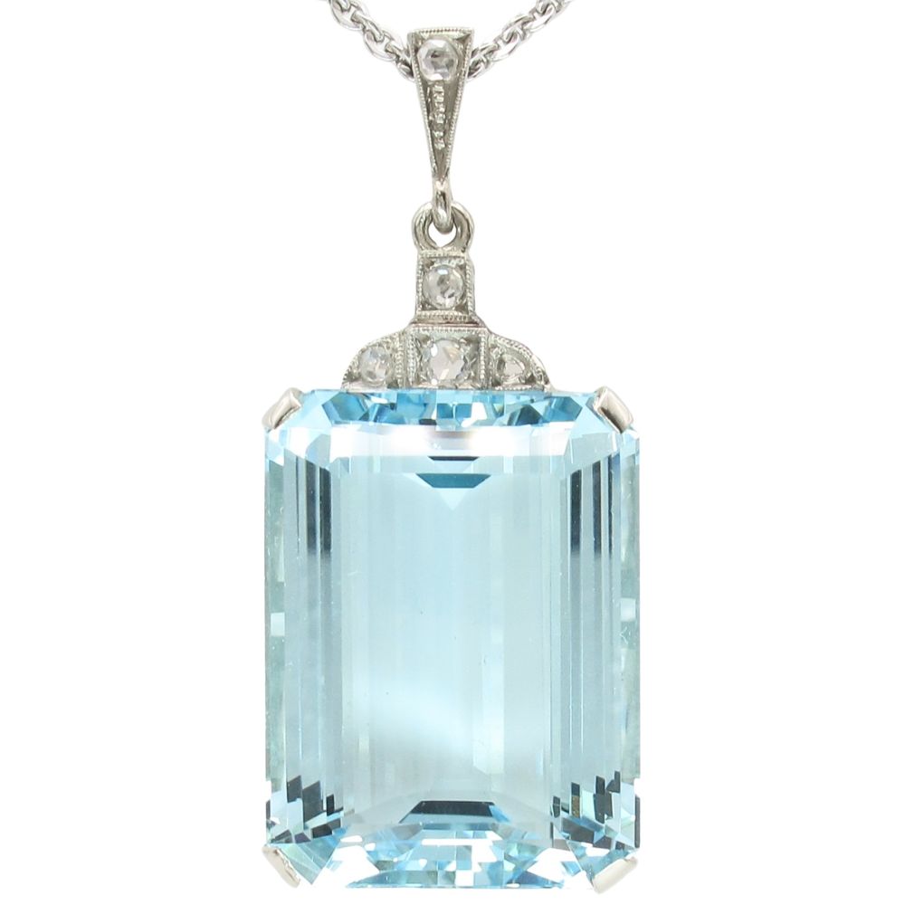 36ct Emerald Cut Aquamarine Art Deco Necklace 14K