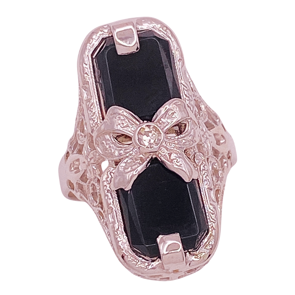 Art Deco Era Ring 14K White Gold Filigree Onyx and Diamond, Bow Detail