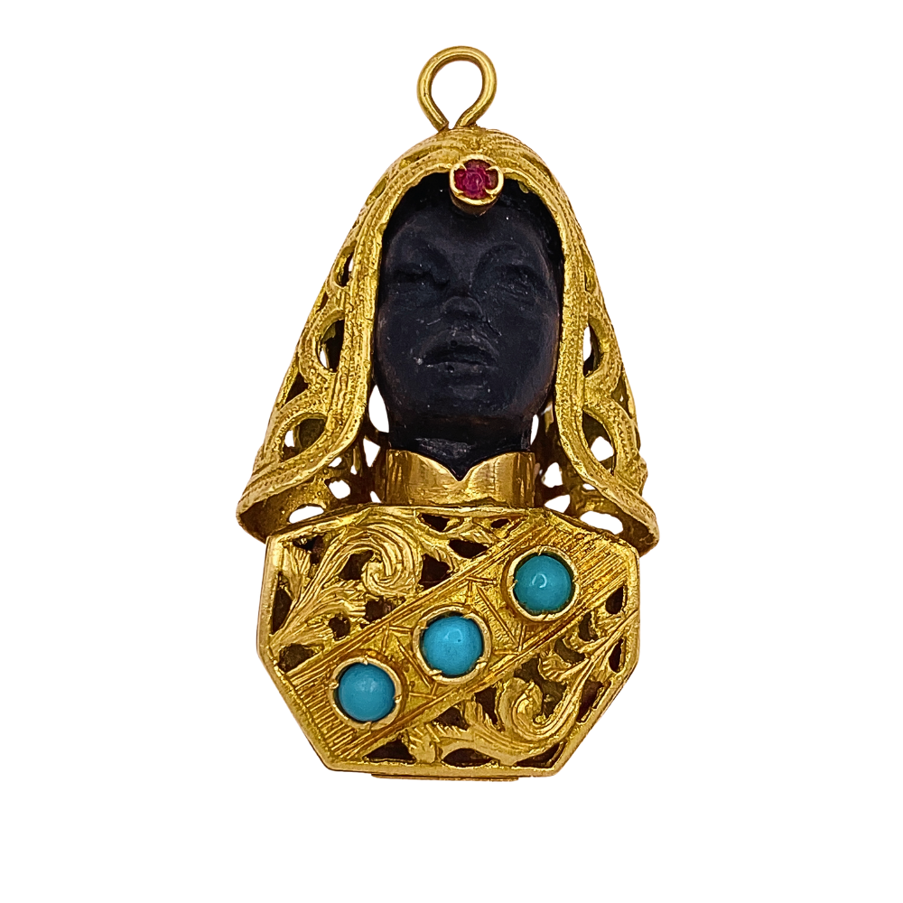 Moorish Egyptian Princess Jeweled Pendant Charm 18K Gold Three-Dimensional