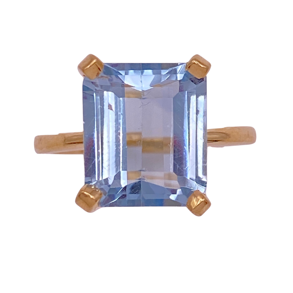 Aqua Blue Topaz Solitaire Ring 8.85 Carat Emerald Cut 14K Gold