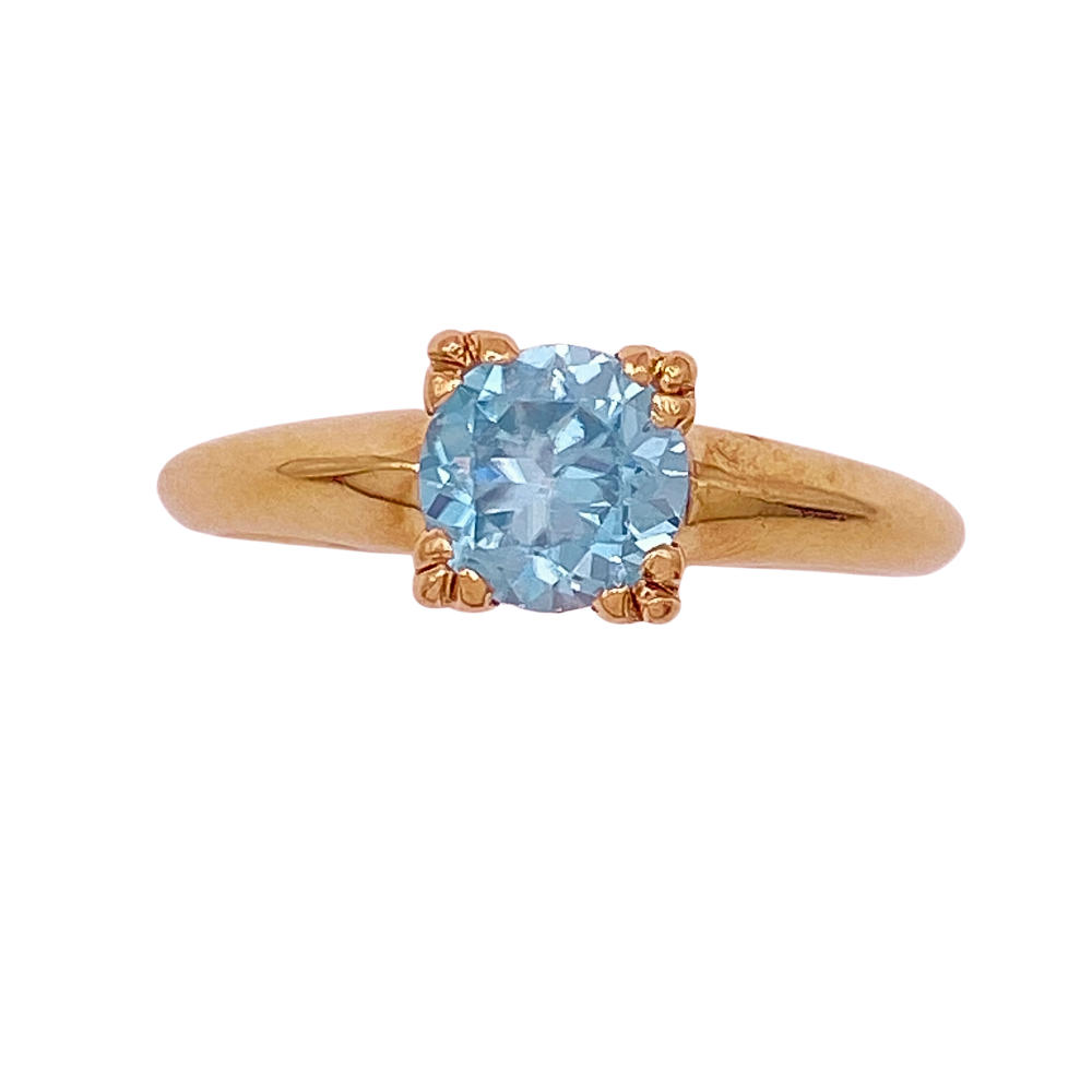 Retro Era Blue Zircon Solitaire Ring 1.20 Carat 10K Yellow and Rose Gold