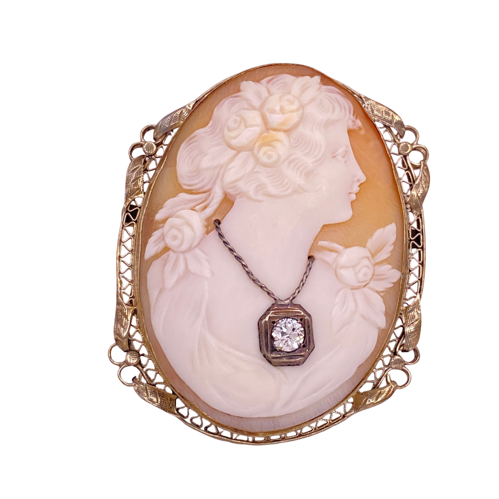 Art Deco Era Pendant Brooch Cameo Habillé Diamond .25 Ct. 14K White Gold