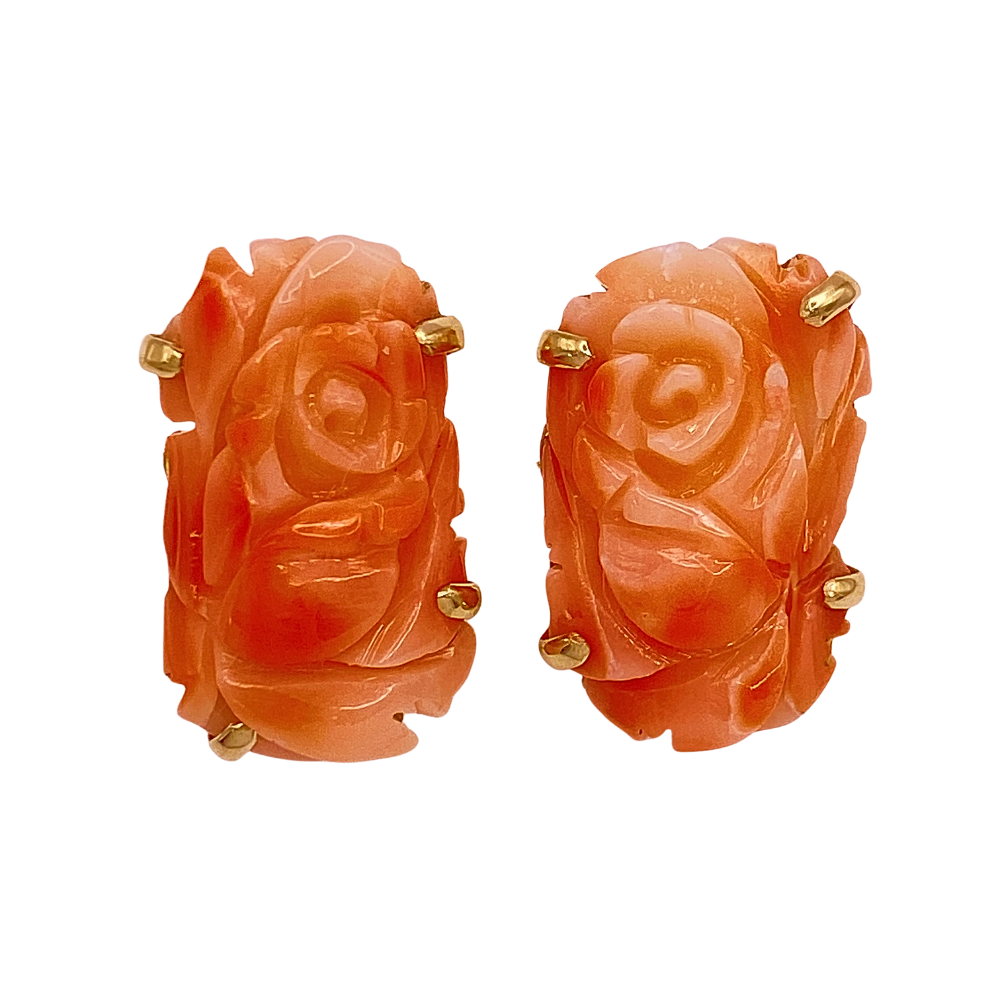 Floral Carved Coral Earrings 14K Gold Omega Back