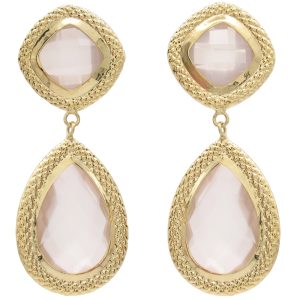 Checkerboard Rose Quartz Drop Earrings 14K Gold front