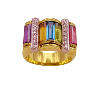 Colorful Multi Gemstone Wide Band Ring 18K