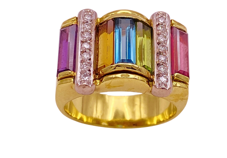 Colorful Multi Gemstone Wide Band Ring 18K