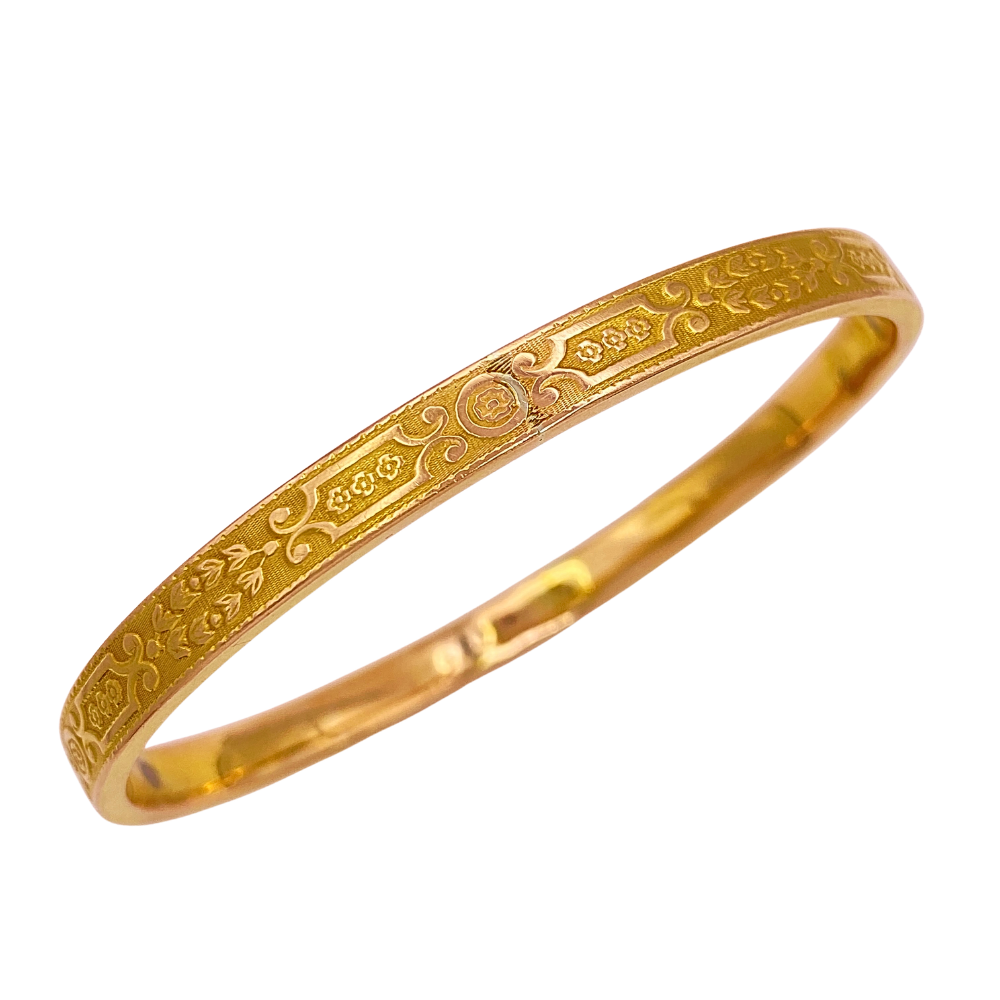 Edwardian Era Solid Bangle Bracelet 14K Gold Ornate Embossed Design c. 1913