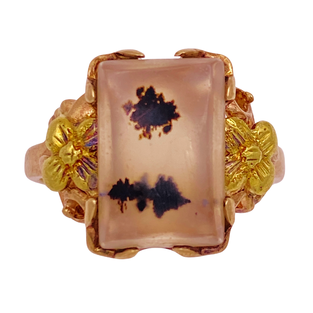 Edwardian Era Dendritic Agate Ring 10K Rose and Yellow Gold, Floral Detail