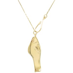 Fish & Hook Necklace 14K Yellow Gold 15.75 pendant and clasp