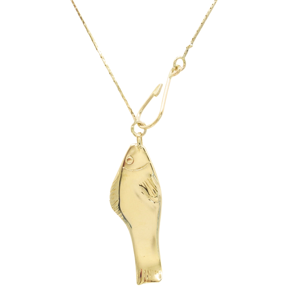 Fish & Hook Necklace 14K Yellow Gold 15.75″