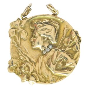 French Art Nouveau Pendant 14K Gold & Diamond, E. Dropsy c. 1900