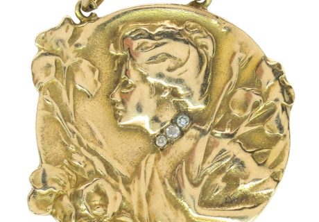 French Art Nouveau Pendant 14K Gold & Diamond, E. Dropsy c. 1900