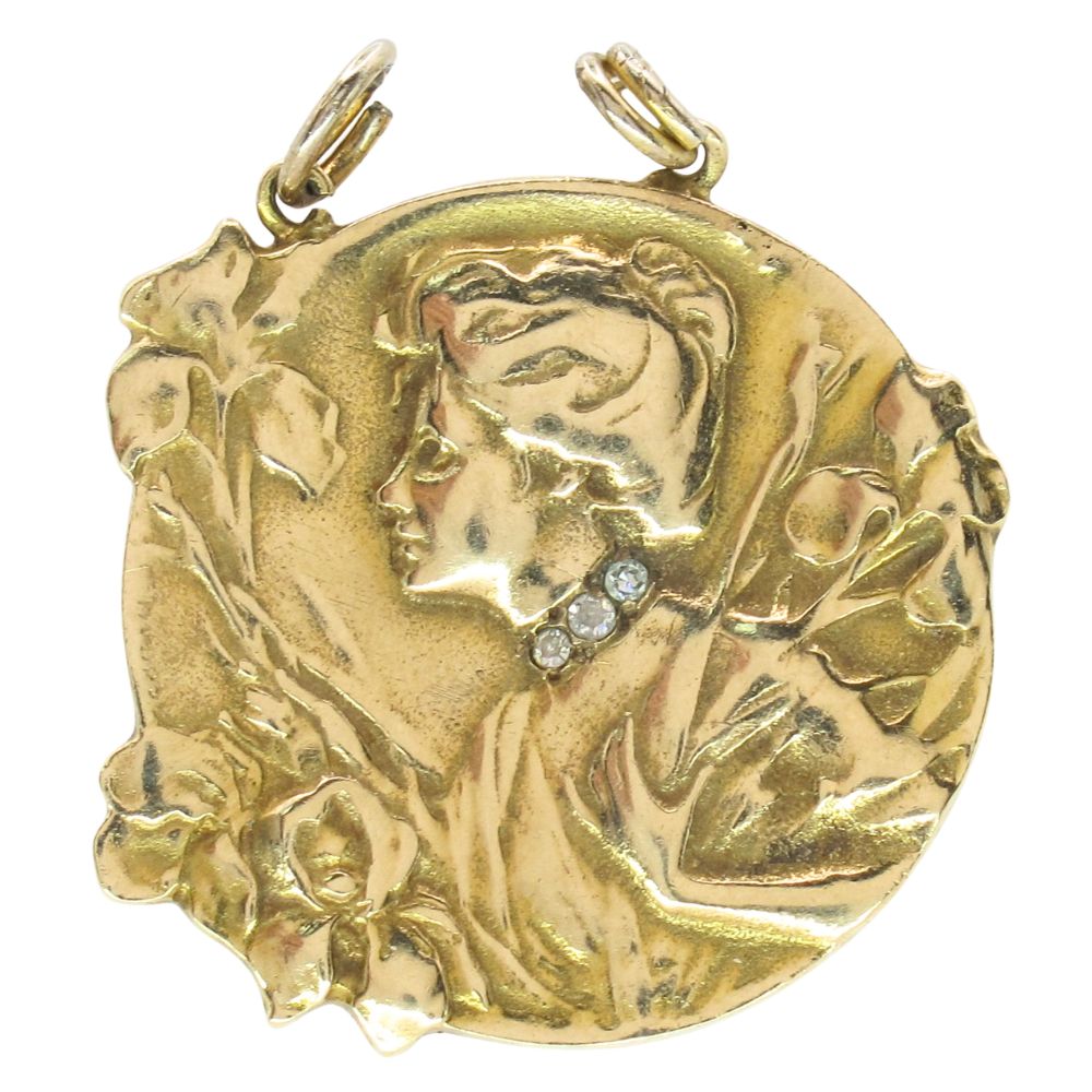 E. Dropsy c. 1900 French Maiden Art Nouveau Pendant 14K