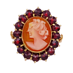 Garnet Halo Cameo Ring 14K