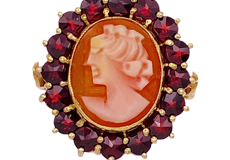 Garnet Halo Cameo Ring 14K