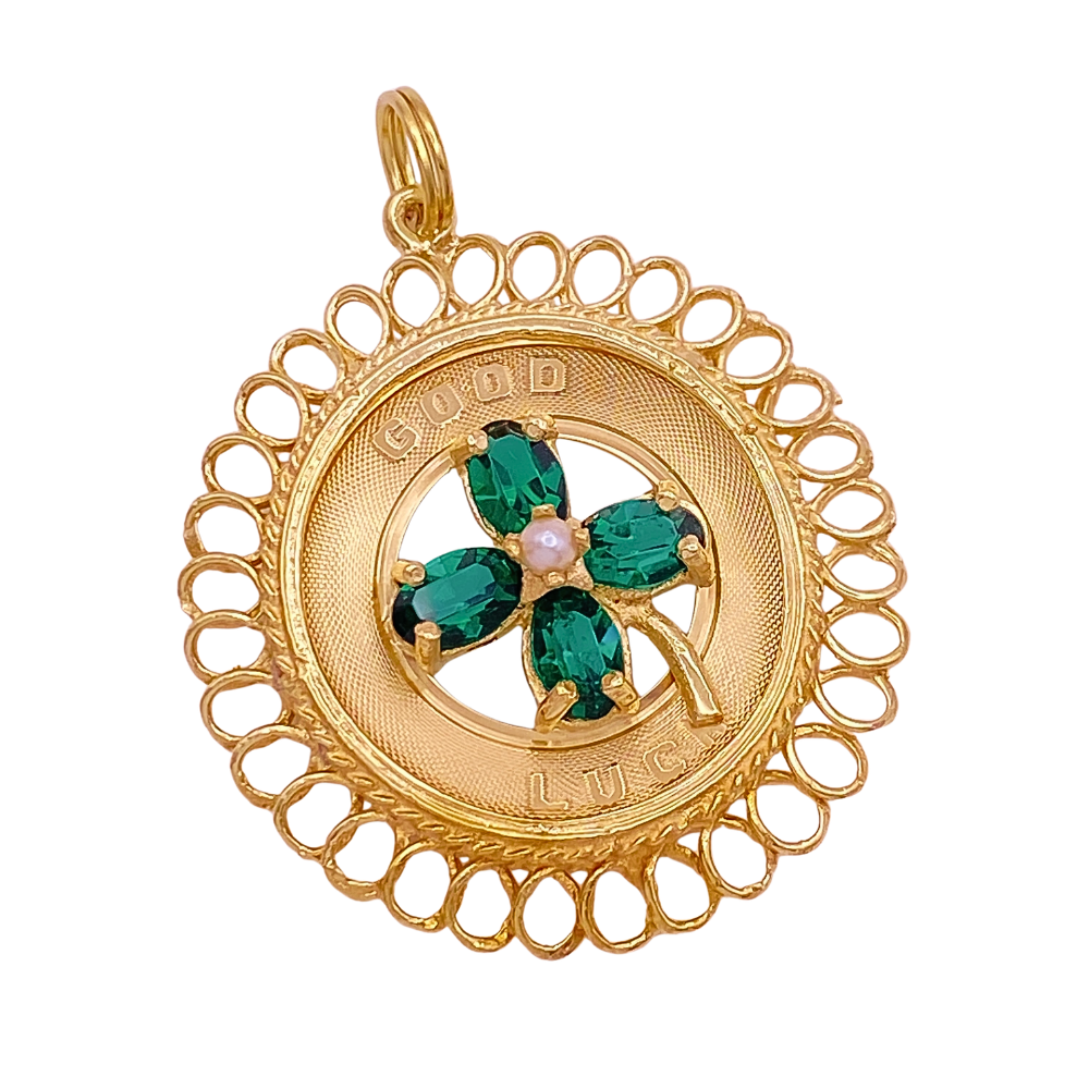 Jeweled Luck Amulet Charm 14K Gold Faux Emerald and Cultured Pearl, Clover