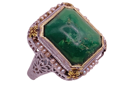 Green Turquoise Seed Pearl Ring 14KWG Alt View