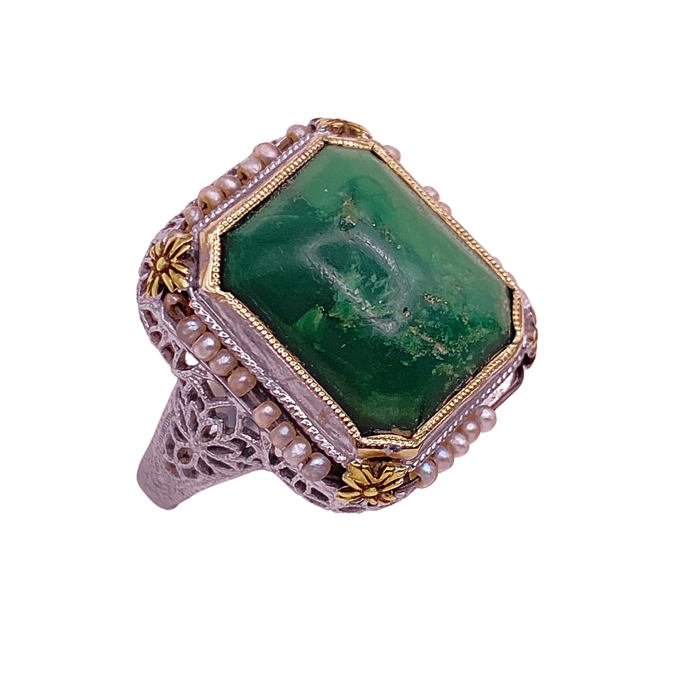 Art Deco Era Ring 14K White Gold, Green Turquoise, and Seed Pearl