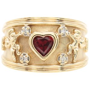 Lab Ruby Heart & Cupid Wide Band Ring 14K Gold front