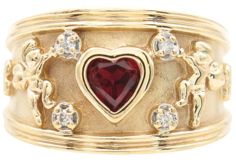Lab Ruby Heart & Cupid Wide Band Ring 14K Gold front