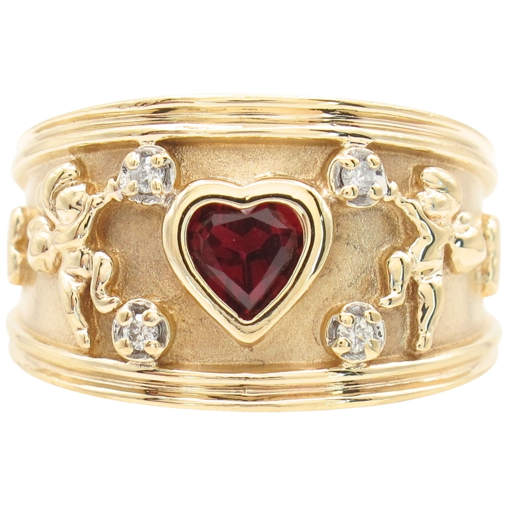 Lab Ruby Heart & Cupid Wide Band Ring 14K Gold