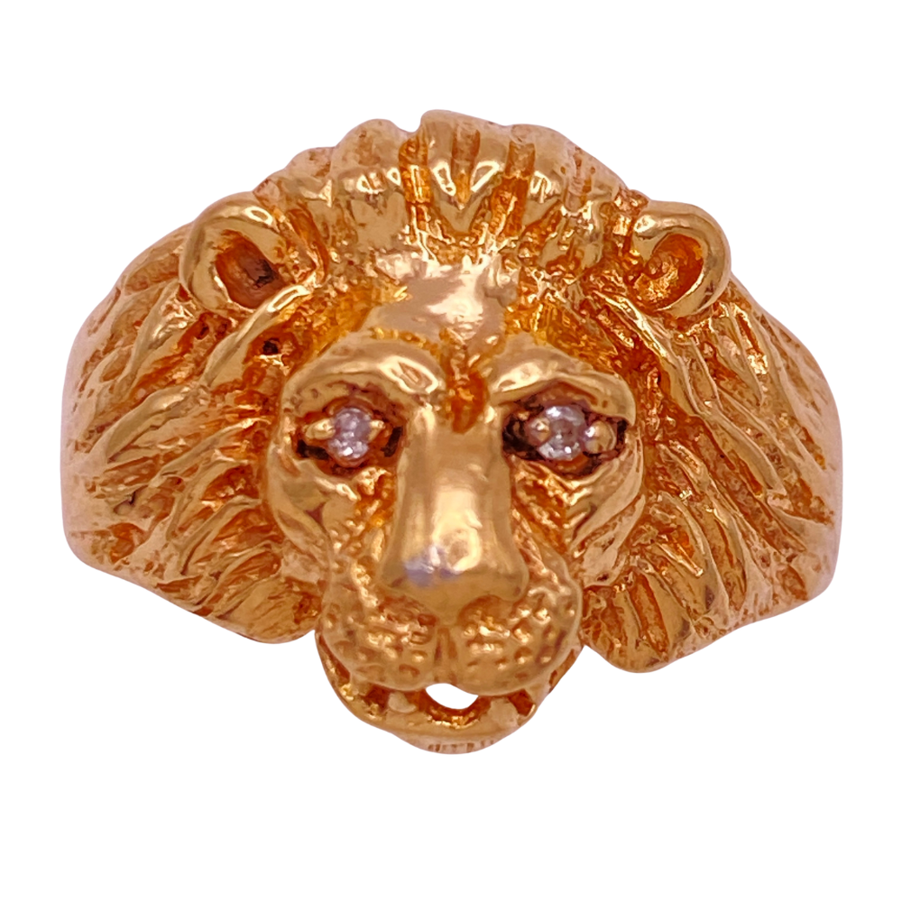 Vintage Lion Head Ring Diamond Inset Eyes 10K Gold