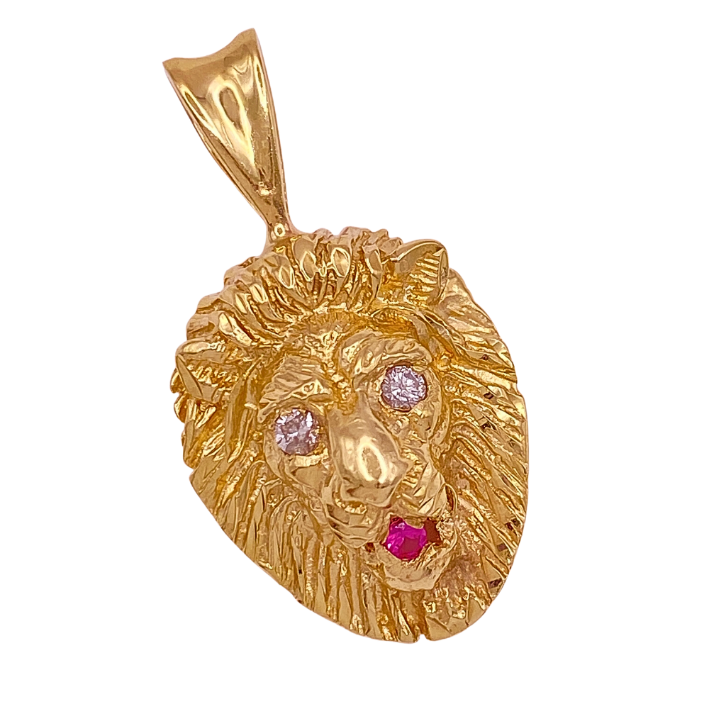 Vintage Lion Head Pendant 14K Gold Diamond and Ruby Accent .21 Carat TGW