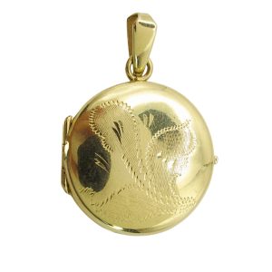 14K Gold Circular Locket Engraved With Flowers Front View