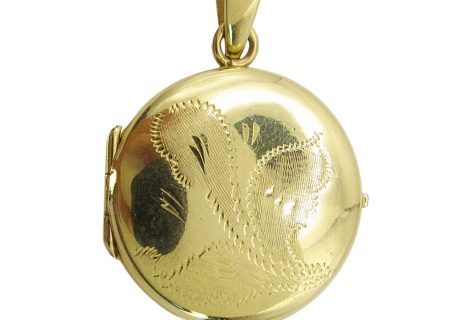14K Gold Circular Locket Engraved With Flowers Front View