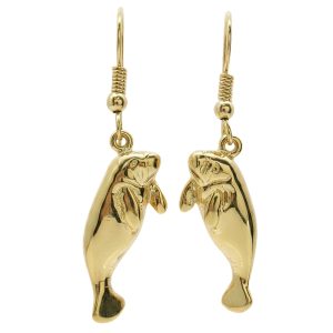 14K Yellow Gold Detailed Manatee Dangle Earrings Front View