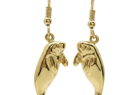 14K Yellow Gold Detailed Manatee Dangle Earrings Front View