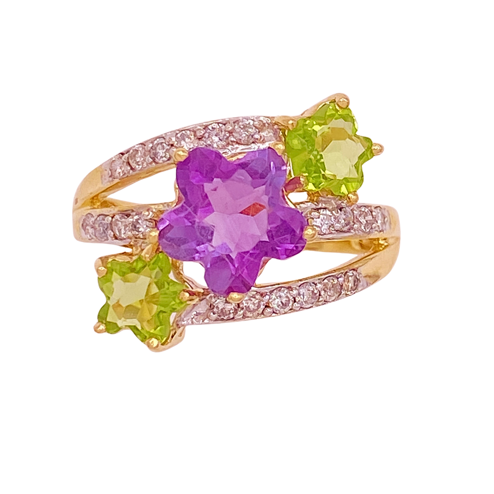 Multi Gemstone Flower Bypass Ring 14K Gold, Diamond, Amethyst, Peridot