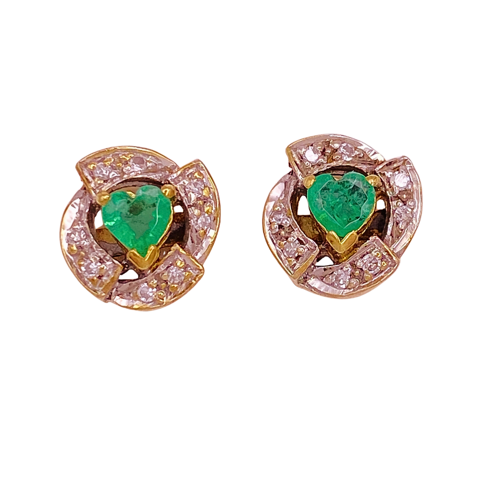 Natural Emerald & Diamond Stud Earrings 14K Two-Tone Gold .58 Carat TGW