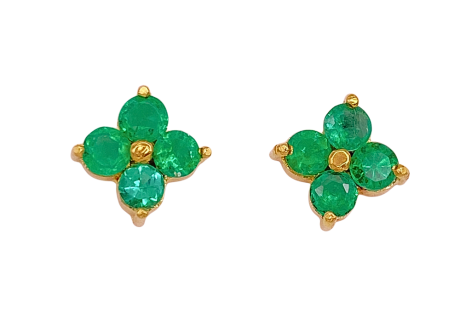 Natural Emerald Stud Flower Earrings 14K .72 Ctw