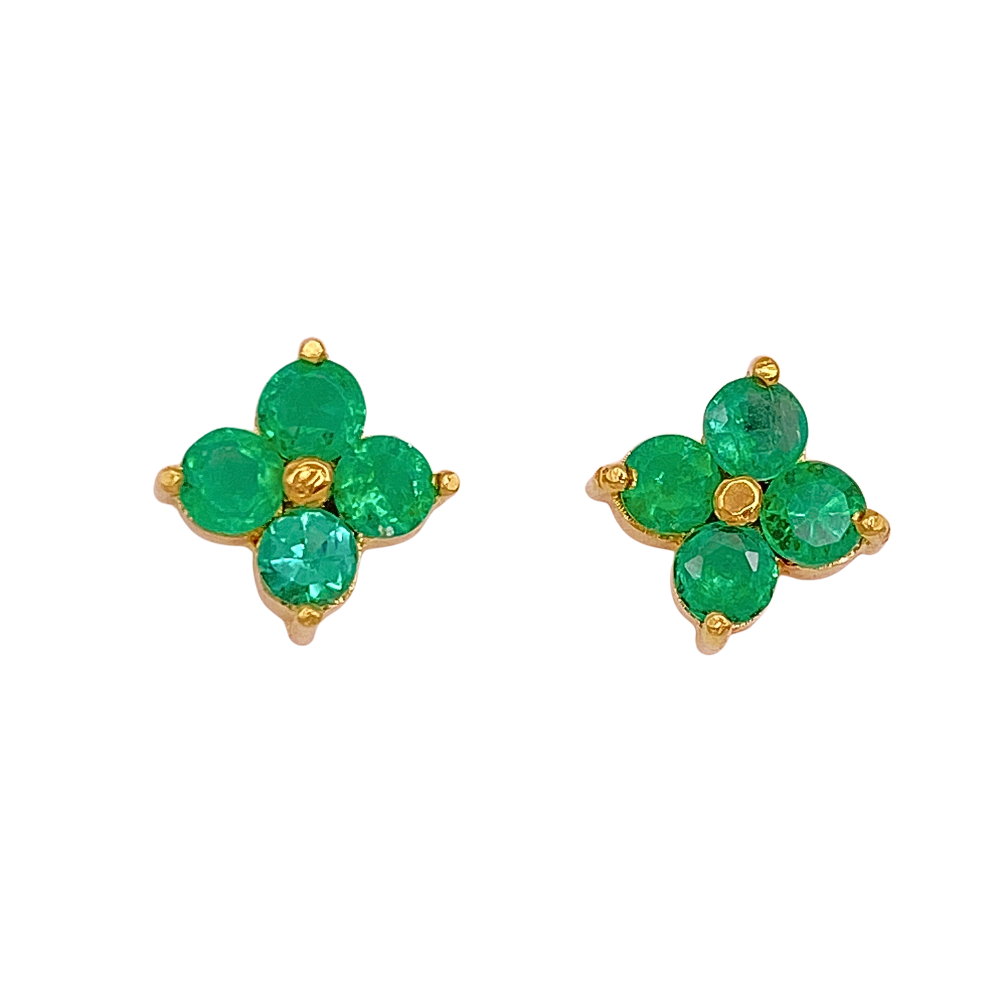 Petite Stud Earrings Natural Emerald .72 Carat TW 14K Gold Flower Design