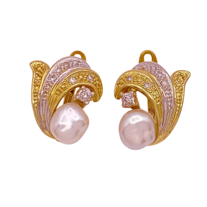 Pearl Diamond Earrings 14K Two Tone Gold