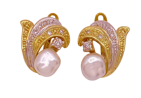 Pearl Diamond Earrings 14K Two Tone Gold