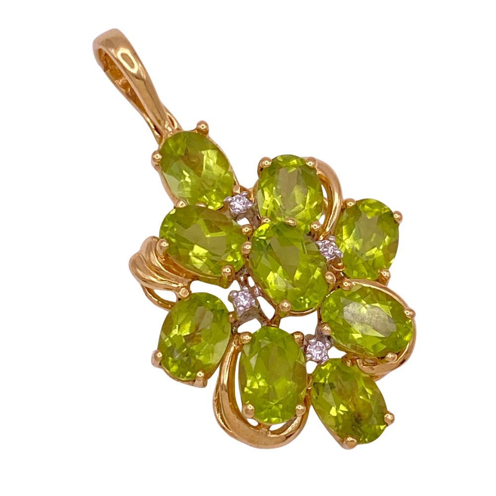 Peridot and Diamond Cluster Pendant 14K Gold 8.19 Carat TGW