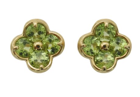 14K yellow Gold Peridot flower Shaped Stud earrings Front View