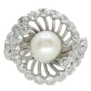 Retro Pearl & Diamond Bypass Halo Ring in 14K White Gold Front