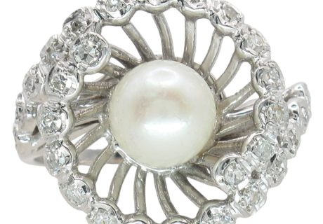Retro Pearl & Diamond Bypass Halo Ring in 14K White Gold Front
