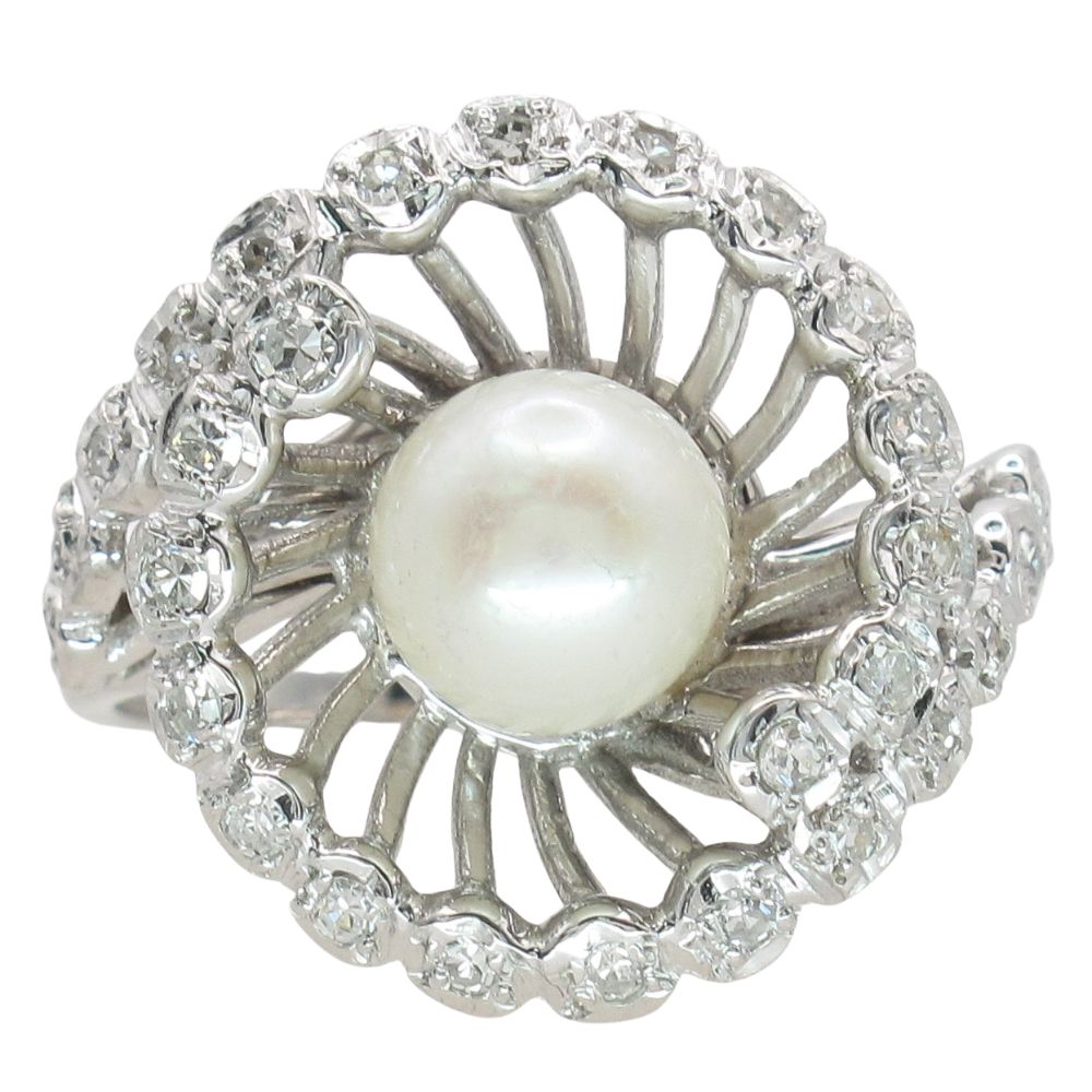 Pearl & Diamond Bypass Halo Retro Ring 14K