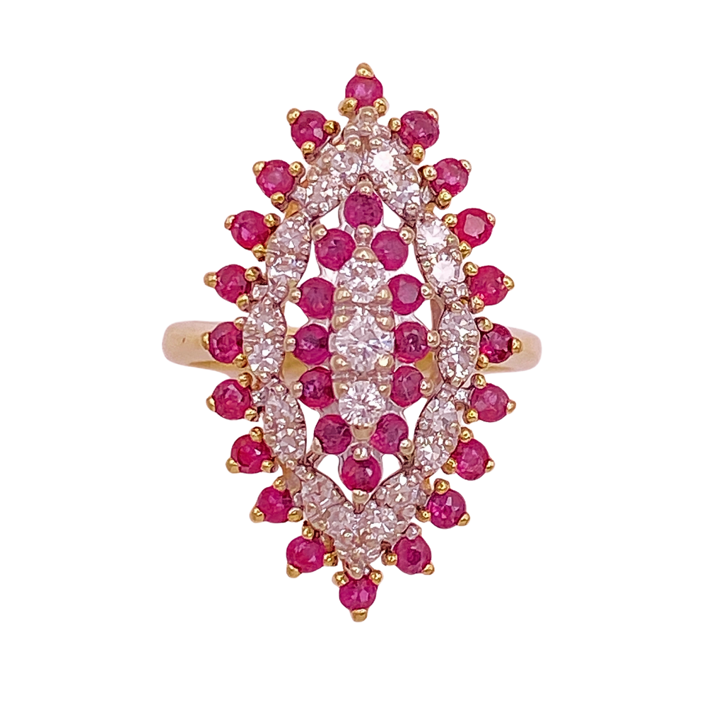 Ruby and Diamond Vintage Cocktail Ring 1.84 Carat TW 14K Gold Navette Shape