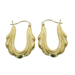 14K Gold Sculpted Alternating Texture Hoop Earrings Lying Flat View
